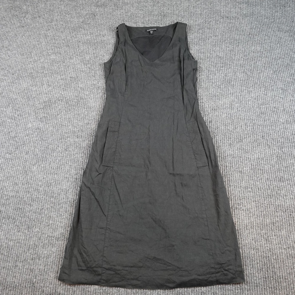 Eileen Fisher Linen Dress Womens 2 Gray V Neck Sleeveless Knee Length Pockets